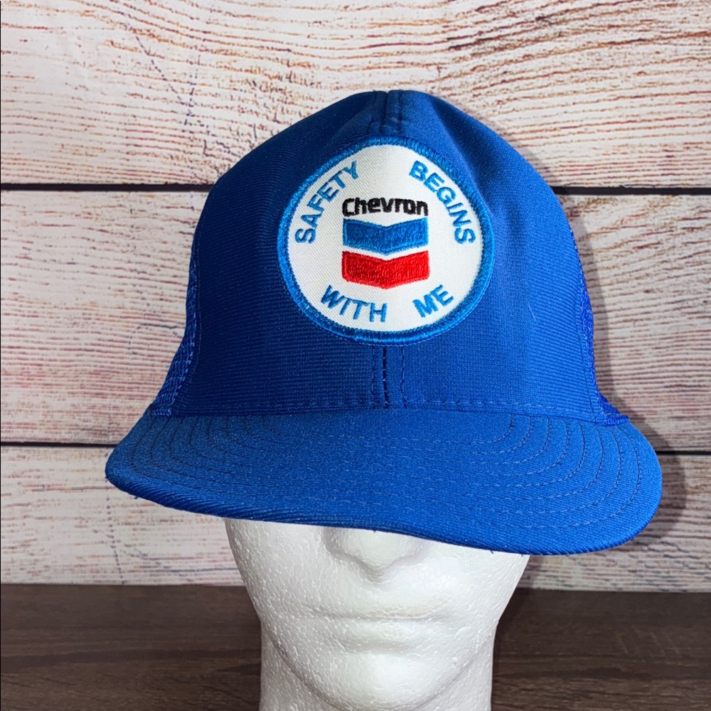 Vintage Chevron Gas Station Saftey Trucker Foam Mesh Blue SnapBack Hat